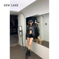 NEW LAKE1uu studio美式复古短款黑色皮衣外套女秋高级感开衫机车夹克上衣