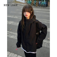 NEW LAKE黑色美式冲锋衣外套女春秋新款慵懒风户外骑行宽松休闲工装夹克女