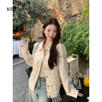 NEW LAKE通勤百搭~小熊印花宽松牛仔外套女韩版休闲夹克衫上衣