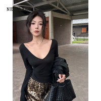 NEW LAKE美式复古长袖皮衣外套女宽松气质pu皮夹克设计感黑色开衫上衣