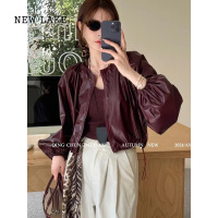 NEW LAKE复古港风简约圆领PU皮衣短外套女早秋新款设计感抽绳拉链夹克上衣