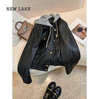 NEW LAKE连帽黑色机车皮衣外套女春秋2024新款大码胖mm宽松美式复古皮夹克