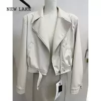 NEW LAKE2024春季翻领机车夹克上衣小个子皮衣美式复古棕色pu皮短款外套女