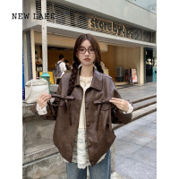 NEW LAKE美式复古蝴蝶结皮衣外套女新款气质翻领宽松工装机车夹克上衣