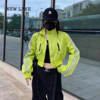 NEW LAKE2024欧货新款时髦机车杠条短外套女秋韩版宽松百搭棒球服夹克上衣