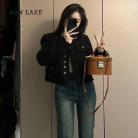 NEW LAKE黑色法式毛呢小香风短外套女早秋新款高级感流苏毛边夹克呢子上衣