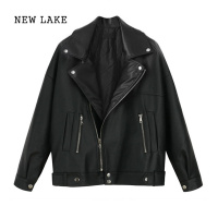 NEW LAKE2024年春新款皮衣女短款外套韩版宽松加绒加厚bf风机车皮夹克