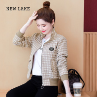 NEW LAKE2024年加绒加厚棉衣小香风千鸟格休闲百搭夹克棒球服外套女潮