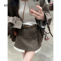 NEW LAKE千鸟格翻领撞色外套半身裙套装女秋休闲宽松复古廓形工装夹克上衣