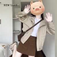 NEW LAKE美式英伦复古卡其色拉链夹克外套女外搭别致又a又飒机车开衫