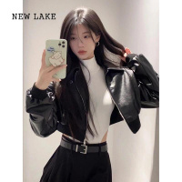NEW LAKE美式复古黑色PU皮夹克女春秋款小个子潮酷短款设计感小众皮衣外套