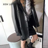 NEW LAKE棕色柔软皮衣西装外套女2024新休闲西服复古港风机车夹克