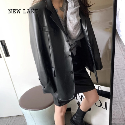 NEW LAKE棕色柔软皮衣西装外套女2024新休闲西服复古港风机车夹克