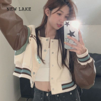 NEW LAKE美式拼接短款棒球服女2024新款夹棉加厚保暖外套宽松百搭夹克