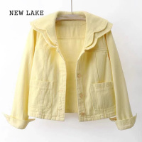 NEW LAKE娃娃领牛仔外套女短款2024年春新款宽松韩版夹克小个子上衣潮