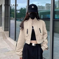 NEW LAKE美式街头立领三条杠时髦机车棒球服女短款宽松休闲夹克外套潮