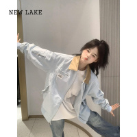 NEW LAKE美式复古外套女春秋2024新款潮牌撞色翻领宽松情侣夹克棒球服开衫