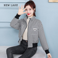 NEW LAKE加绒加厚千鸟格短外套女小个子2024新款小香风宽松夹克棒球服