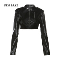 NEW LAKE酷飒辣妹风PU皮长袖外套女性感高腰短款夹克上衣炸街高级感