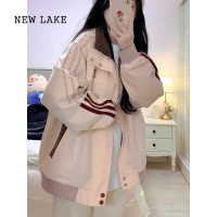 NEW LAKE看粉色独特设计感棒球服外套女春秋情侣拼接开衫小众韩系夹克