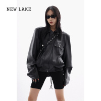 NEW LAKE质感短款垫肩小皮衣女2024年新款宽松高街皮夹克外套潮