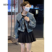 NEW LAKE复古水洗娃娃领牛仔外套女2024新款港风时尚宽松短款夹克上衣