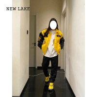 NEW LAKE美式复古火焰元素字母黑黄色棒球服女春秋夹克棉服情侣宽松外套潮