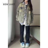 NEW LAKE大码黄泥染高街牛仔外套女2024年新款街头美式复古宽松夹克上衣潮