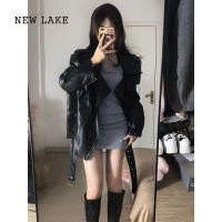 NEW LAKE大码胖MM黑色西装领pu皮衣外套女春秋新款港风设计感机车夹克上衣