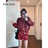 NEW LAKE安可雷红色皮衣外套女2024新款机车复古美式pu皮休闲夹克上衣