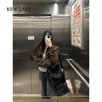 NEW LAKE棕色复古短款垫肩皮衣外套女春秋2024新款设计感休闲百搭夹克上衣