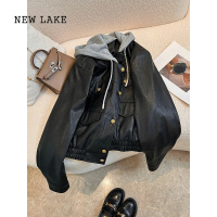 NEW LAKE假两件连帽皮衣外套女春休闲复古机车服大码黑色PU皮夹克上衣