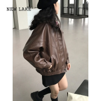 NEW LAKE复古棕色皮衣女2024年春季新款宽松皮夹克机车外套