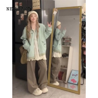 NEW LAKE看薄荷绿工装外套女春2024新款复古潮牌撞色翻领夹克上衣