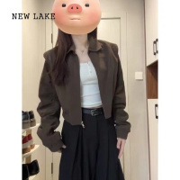 NEW LAKE早秋外套女2024新款棕色短款夹克上衣初秋美拉德穿搭慵懒风棒球服