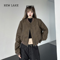 NEW LAKE美拉德做旧咖色短款皮衣外套女春新款复古机车服立领夹克上衣