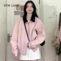 NEW LAKE粉色翻领独特看外套女装2024新款春秋美式复古棒球服休闲夹克