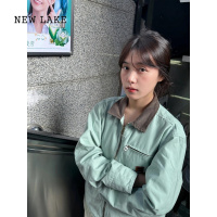 NEW LAKE日系复古薄荷绿工装底特律夹克女春秋翻领撞色休闲百搭小个子外套