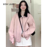 NEW LAKE粉色看麂皮绒棒球服外套女春美式复古撞色拼接开衫夹克潮