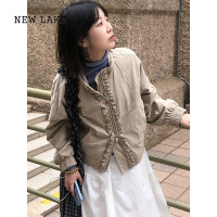 NEW LAKE日系复古少女感皱褶花边工装夹克女小个子宽松短款棒球服外套