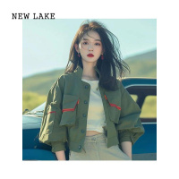 NEW LAKE奥莱折扣店撤柜早秋独特短外套女韩系宽松绿色飞行员工装夹克