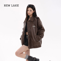 NEW LAKE美拉德棕美式复古宽松高级感pu皮衣夹克外套女2024春秋新款