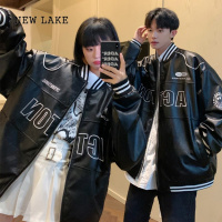 NEW LAKE情侣装春潮牌嘻哈oversize宽松刺绣棒球服男女PU皮衣夹克外套