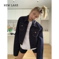 NEW LAKE经典原牛色大翻袖设计牛仔外套女宽松显瘦时髦美式拉链短款夹克女