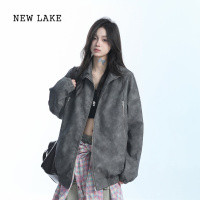 NEW LAKE[坐吃山空]美式复古高级感灰色PU皮衣夹克女设计感小众宽松外套