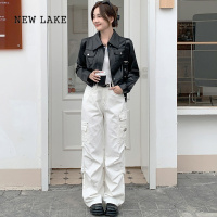 NEW LAKE黑色短款pu皮衣外套女韩国2024春秋新款美式仿羊皮夹克机车小个子