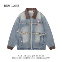 NEW LAKE复古不规则毛边拼接夹克衫女ins潮牌宽松百搭情侣高级感外套