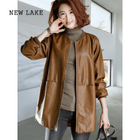 NEW LAKE海宁皮衣外套女春秋大码风衣皮夹克中长款早冬仿棒球服真绵羊皮潮