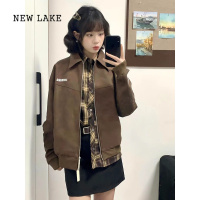 NEW LAKE英伦风夹克皮衣女2024新款复古街头高级感小众设计宽松外套潮