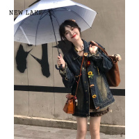 NEW LAKE美式复古vintage花朵设计感牛仔外套女春秋水洗做旧牛仔衣夹克潮